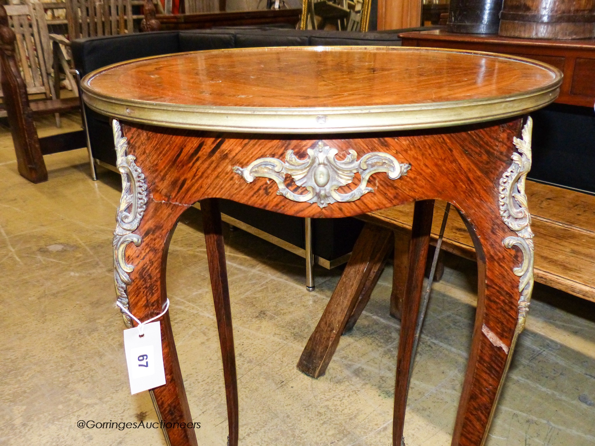 A Louis XVI style marquetry inlaid circular kingwood occasional table, diameter 50cm, height 76cm